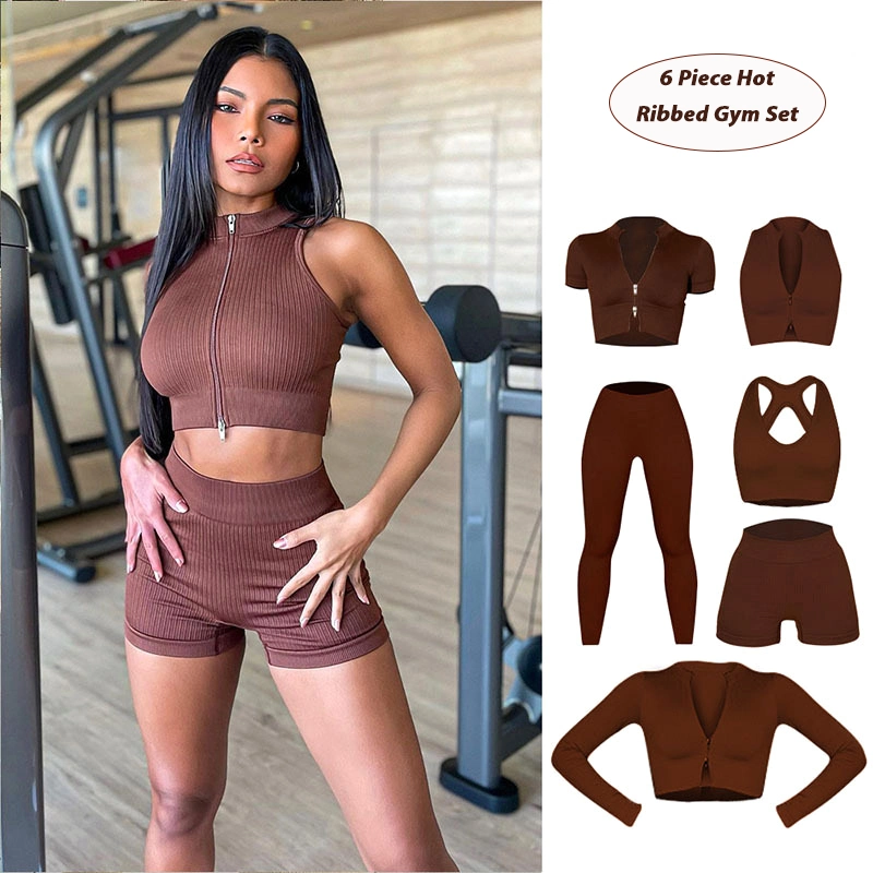 Wholesale Tiktok Trendy 2/3/4/5/6 Piece Fitness Clothes Seamless Sweatsuits Zipper Workout Sets Manufacturer, Custom Ropa De Yoga Gym Sports Wear for Women