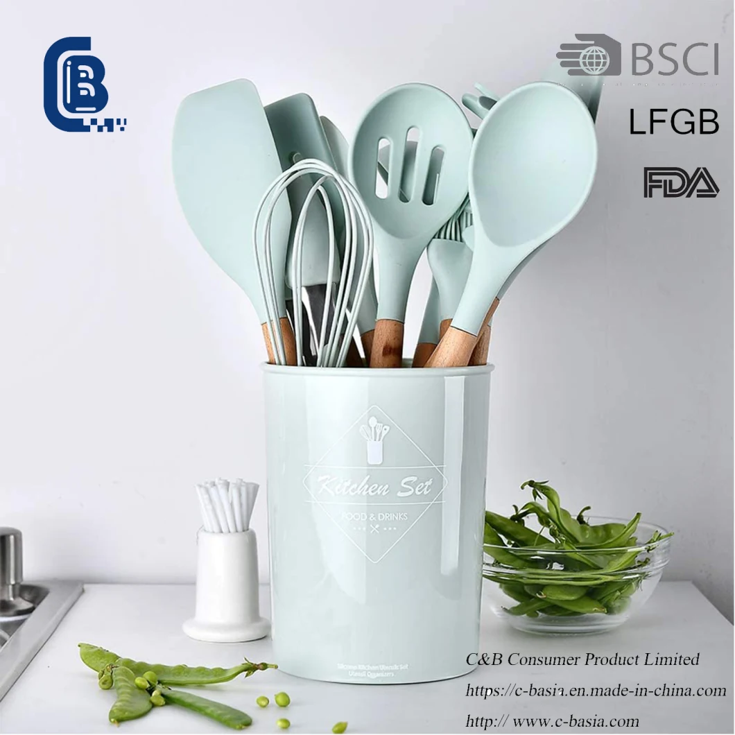 12 PCS Kitchen Utensils, Cooking Plastic Gadget Silicone Cookware, Kitchenware, Kitchen Implements Set with Wood Handle, Color Customized