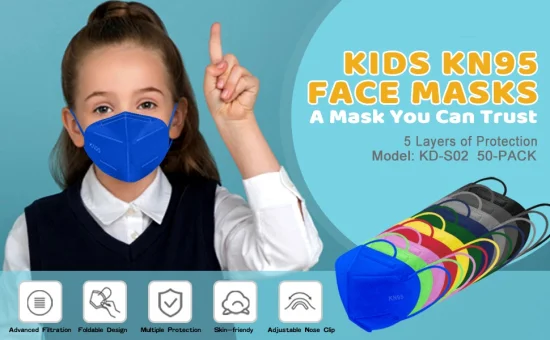 Kids KN95 Disposable Face Masks - 5-Layer Breathable Safety Mask, Children Comfortable Cup Dust Masks with Elastic Earloops Nose Bridge Clip for Boys Girl